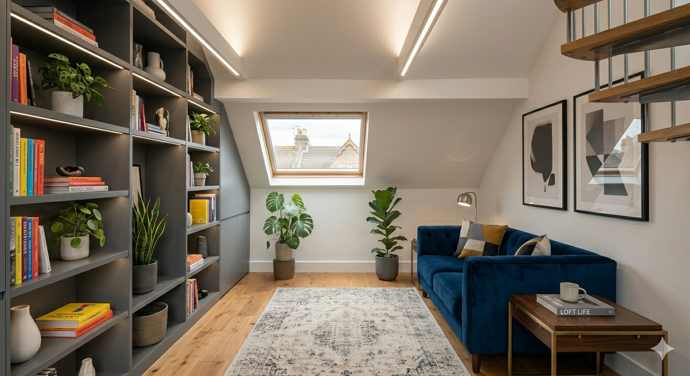 Converted loft room with sloped ceiling and spotlights